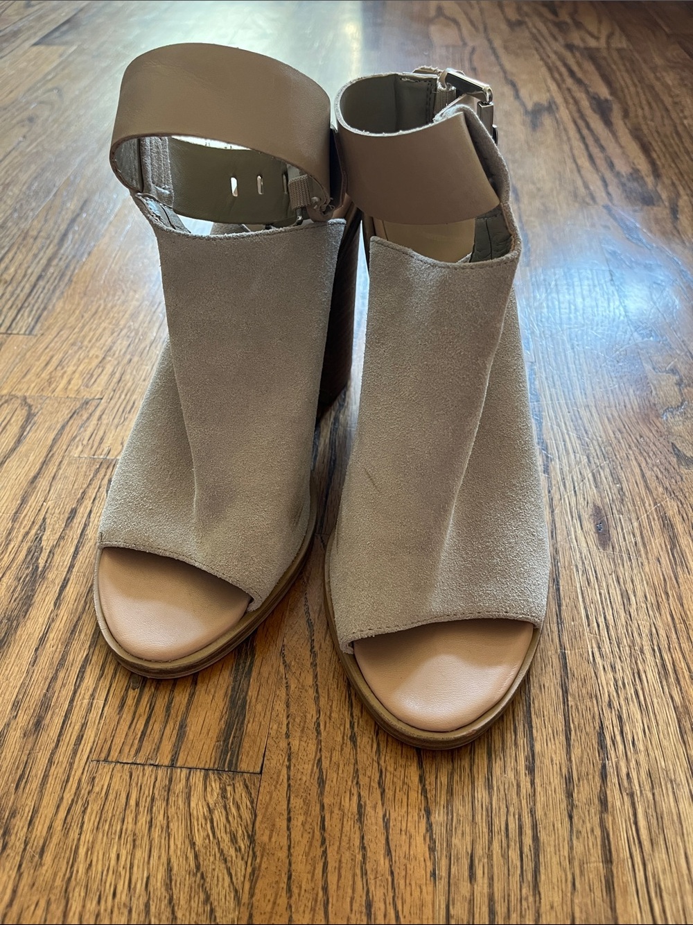Marc Fisher Open-Toe Suede Block Heel Sandals in Taupe Size 8